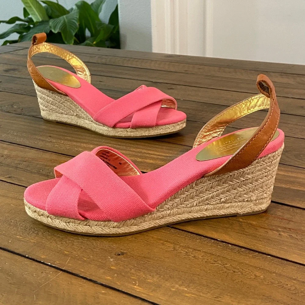 Coach Henley Pink Canvas Espadrille Wedge Sandals Gold Tan Leather Q1897 6B